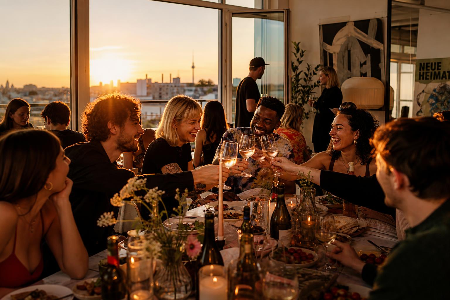 Young Berlin professionals toasting at a sunset rooftop gathering
