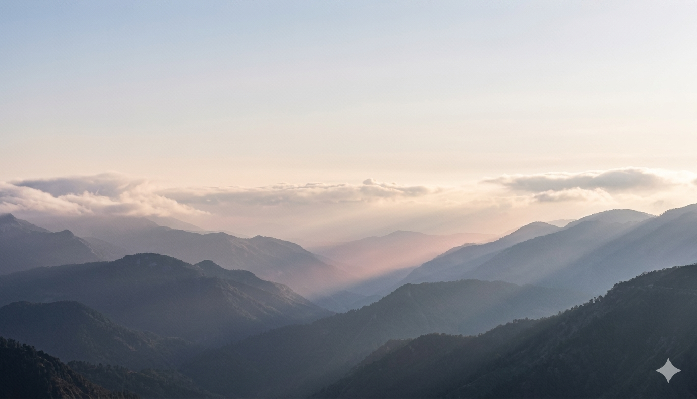 Misty mountain ridgelines at dawn with soft pastel sky