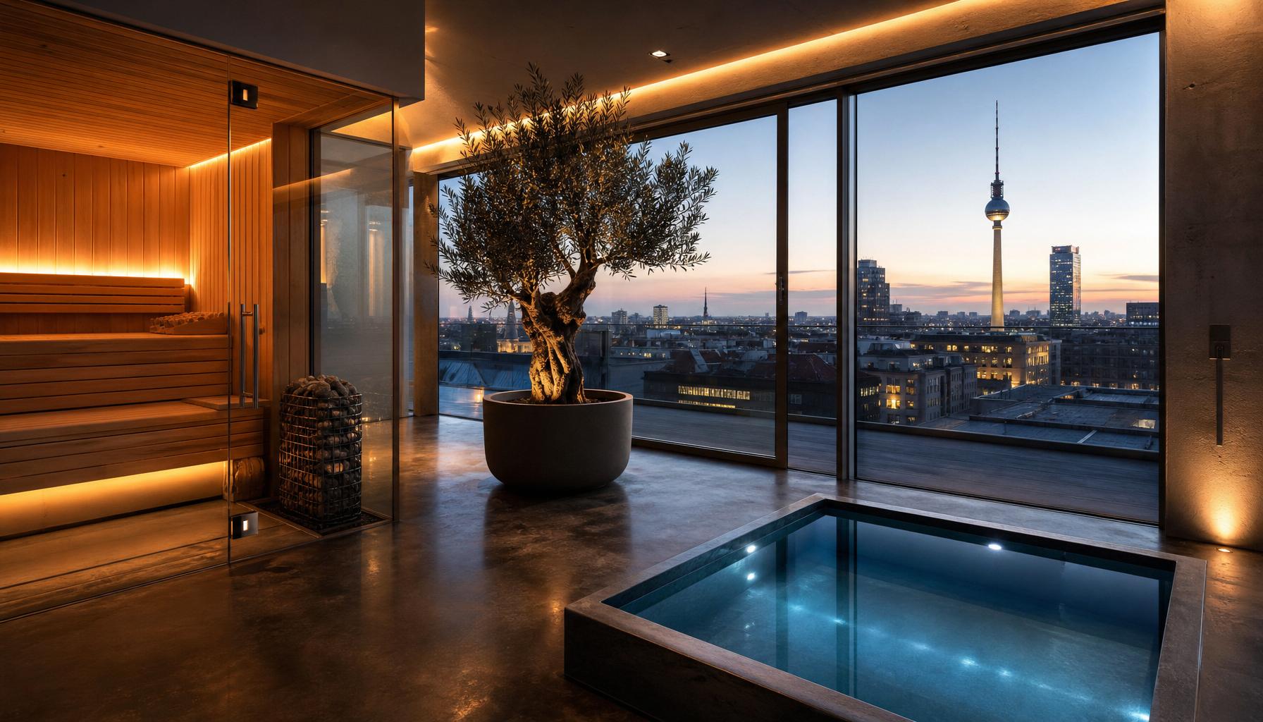 Modern AMOR FATI House spa and cold plunge sanctuary with a Berlin skyline view