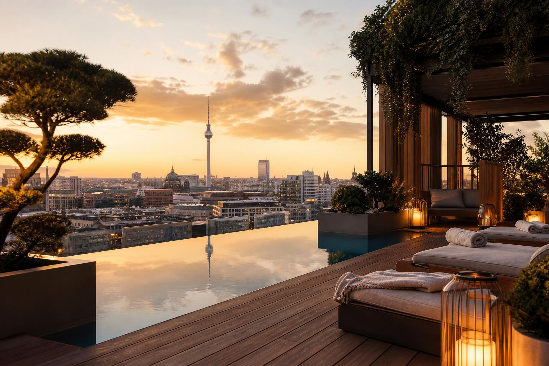 AMOR FATI House · rooftop sanctuary above the Berlin skyline at golden hour